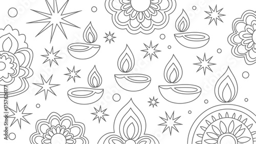 A seamless pattern with diyas flowers and stars in black and white for coloring or festive decoration