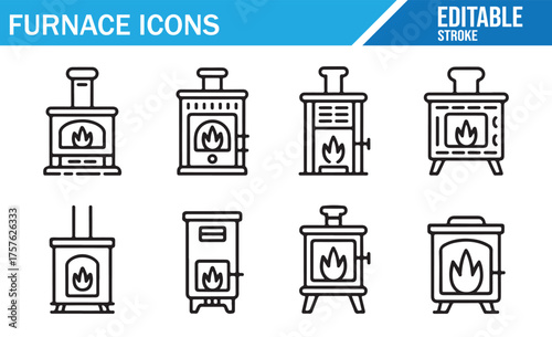 Detailed Line Art Icons of Furnace Systems – Heating and Fire Equipment Illustrations