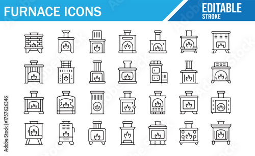 Line Art Furnace Icons Set - Detailed Collection of Heating Systems and Home Furnace Illustrations