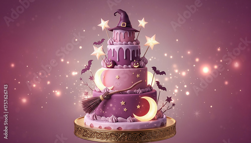 Halloween Fantasy Witch Cake on Stand with Pink and Purple Sparkling Background