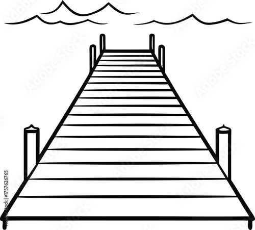 Hand drawn sketch of a wooden pier extending into wavy water with clouds above isolated on transparent background