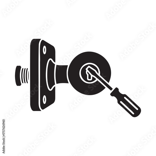 Minimalist black-and-white illustration of screwdriver installing door knob on plate. Perfect for home repair, DIY, and maintenance content