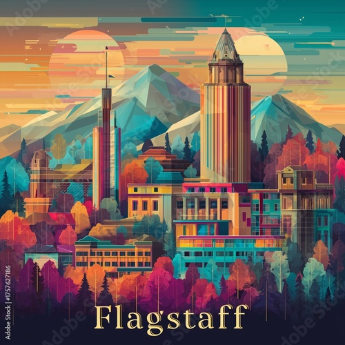 City of Flagstaff, Arizona skyline postcard style vector illustration
