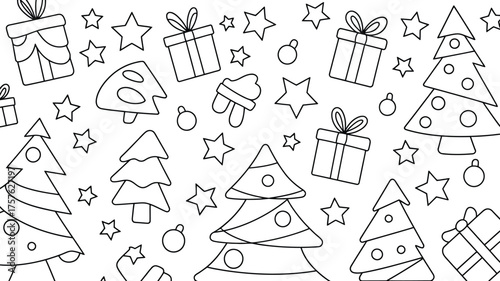 A christmas themed coloring page with trees gifts stars ornaments and winter clothing outlines spread out