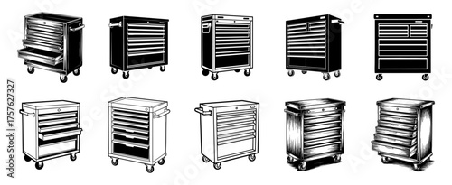 set of Rolling Tool Chest vector illustrations, black and white for mechanic garage and workshop storage