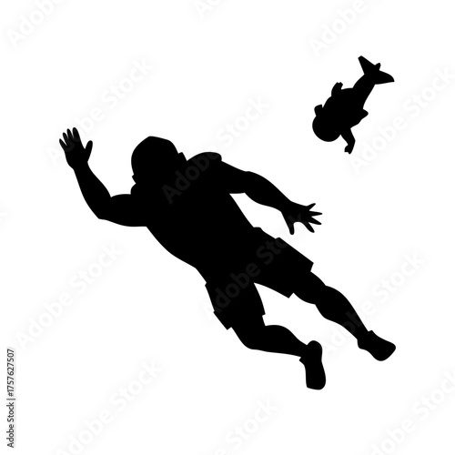 Vector art of a dramatic silhouette of an american football player diving with a fish flying nearby, , blending sports action with surreal fantasy elements