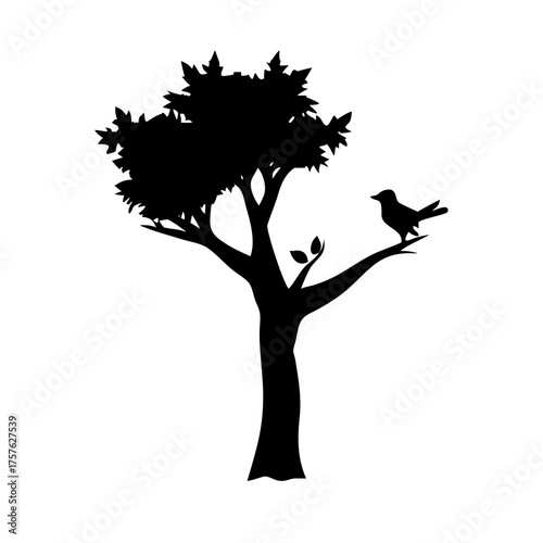 Vector art of silhouette of tree with bird concept of nature, environment, and wildlife simple vector illustration of tree with leaves and bird on branch in black