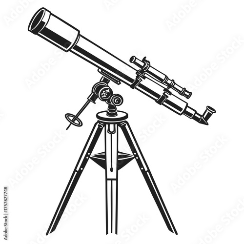 Vector art of a classic telescope stands ready to explore the cosmos, its lens promising a journey through distant galaxies and celestial wonders, a symbol of discovery