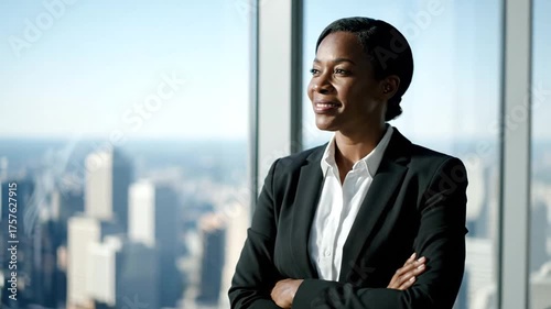 Confident business person looks thoughtfully out office window