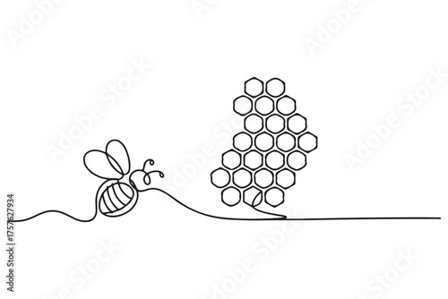 thin line honeycomb and bee icon. one line Icon drawing. with white background