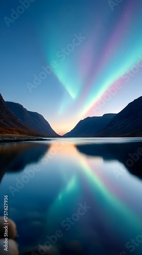 Northern Lights (Aurora Borealis) over mountains and calm water, stunning arctic landscape, night sky, reflection