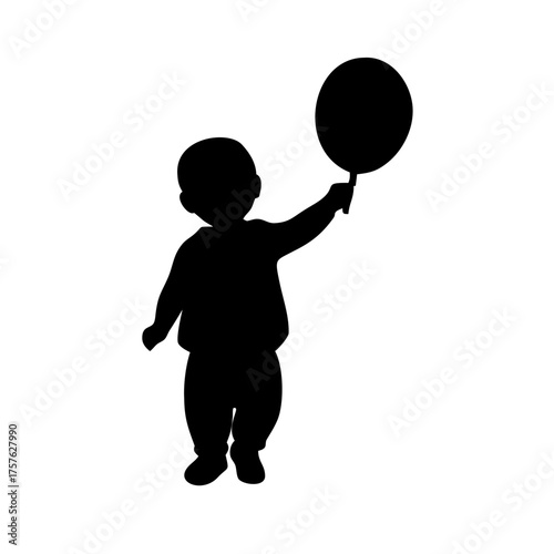 Vector art of silhouette of a child holding a balloon the little one is standing, with a balloon in hand, creating a heartwarming scene of childhood innocence
