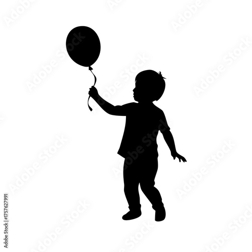 Vector art of silhouette of a child holding a balloon the little one is standing, with a balloon in hand, creating a heartwarming scene of childhood innocence