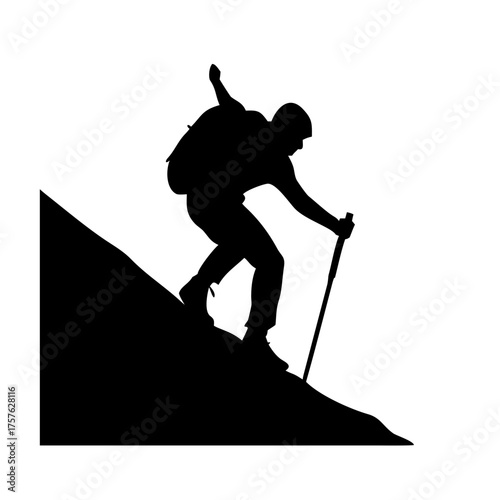 Vector art of silhouette of a hiker descending a steep slope with a backpack and trekking pole, the figure is depicted in black against a white backdrop, capturing the essence of adventure