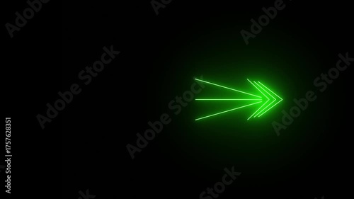 Neon glowing abstract right arrow animated on black background.