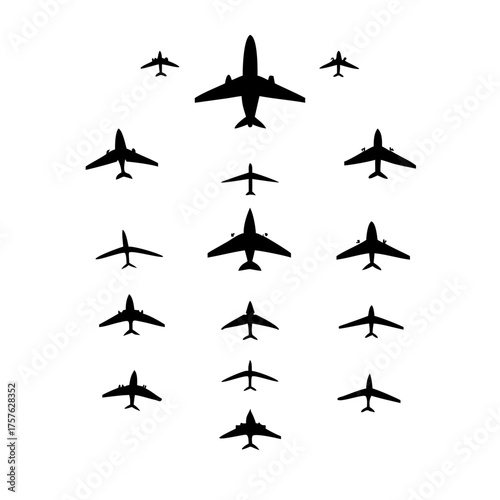 Vector art of formation of airplanes, flying in a vshape, symbolizing teamwork, aviation, travel, flight, air force, squadron, group, journey, and transportation