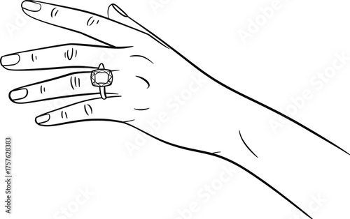 Hand Wearing Ring Illustration, Jewelry, Fashion, and Elegance Line Art.