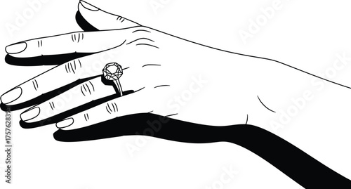 Hand Wearing Ring Illustration, Jewelry, Fashion, and Elegance Line Art.