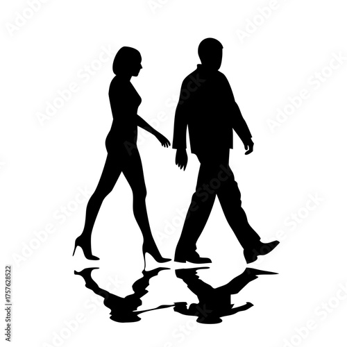 Vector art of a stylish couple strides confidently forward, their reflections mirroring their journey, a modern silhouette of partnership and progress, captured in timeless stride
