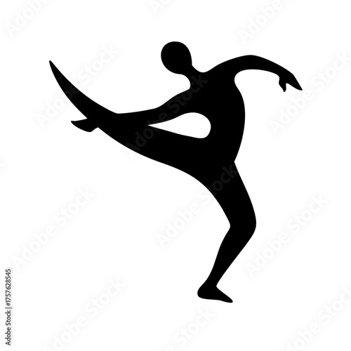 Vector art of silhouette of a dancer in a dynamic pose the figure is captured midmovement, with one leg extended high and arms reaching out, conveying grace and athleticism