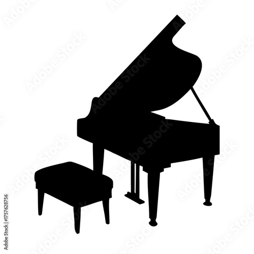 Vector art of grand piano silhouette, showcasing a classic musical instrument with its elegant curves and stool, capturing the essence of music and artistry in a minimalist style