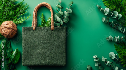 Green jute eco bag with eucalyptus and pine leaves on vibrant background, representing sustainable lifestyle, nature connection and modern Black Friday aesthetic.