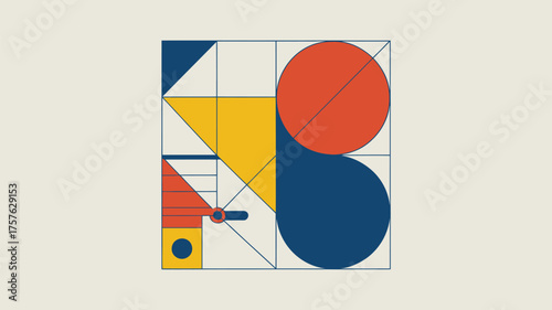 Abstract geometric composition with circles triangles and rectangles in primary colors design art