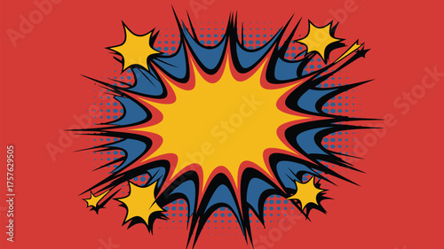 Comic book style explosion with yellow center and blue and black outline on a red background