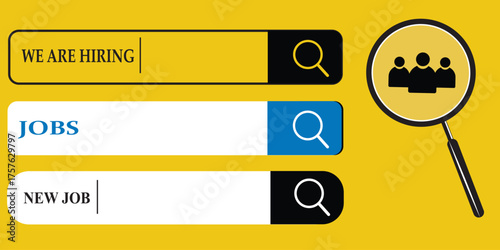 A minimalist vector background for 'We Are Hiring' and job search concepts. Features search bars and a magnifying glass, symbolizing recruitment and finding new career opportunities online.