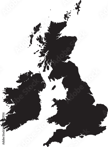 Silhouette map of the United Kingdom and Ireland on a white background islands on transparent background