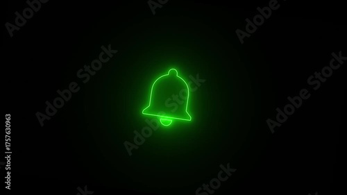 Neon glowing abstract bell button animated on black background.