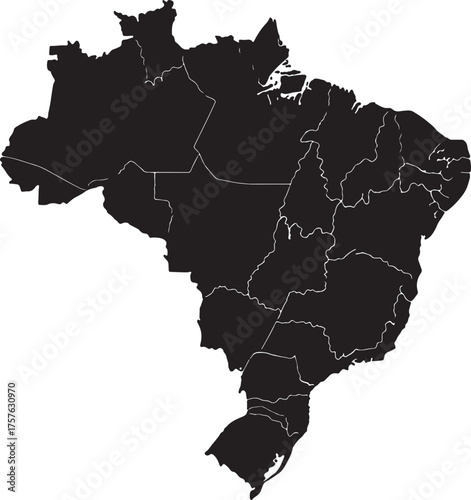 Black silhouette map of Brazil with internal state divisions country South America on transparent background