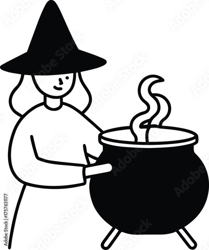 witch stirring potion in cauldron illustration on transparent background