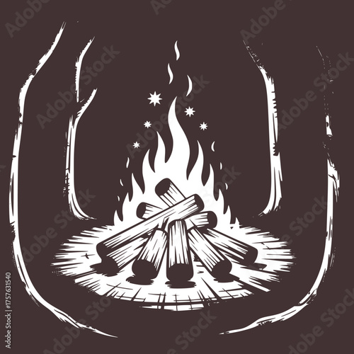 Black and white illustration of a campfire in the woods logs night