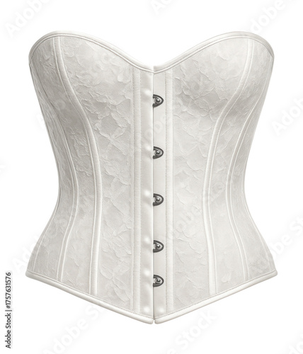 Lace-overlay underbust corset in white satin with steel boning.