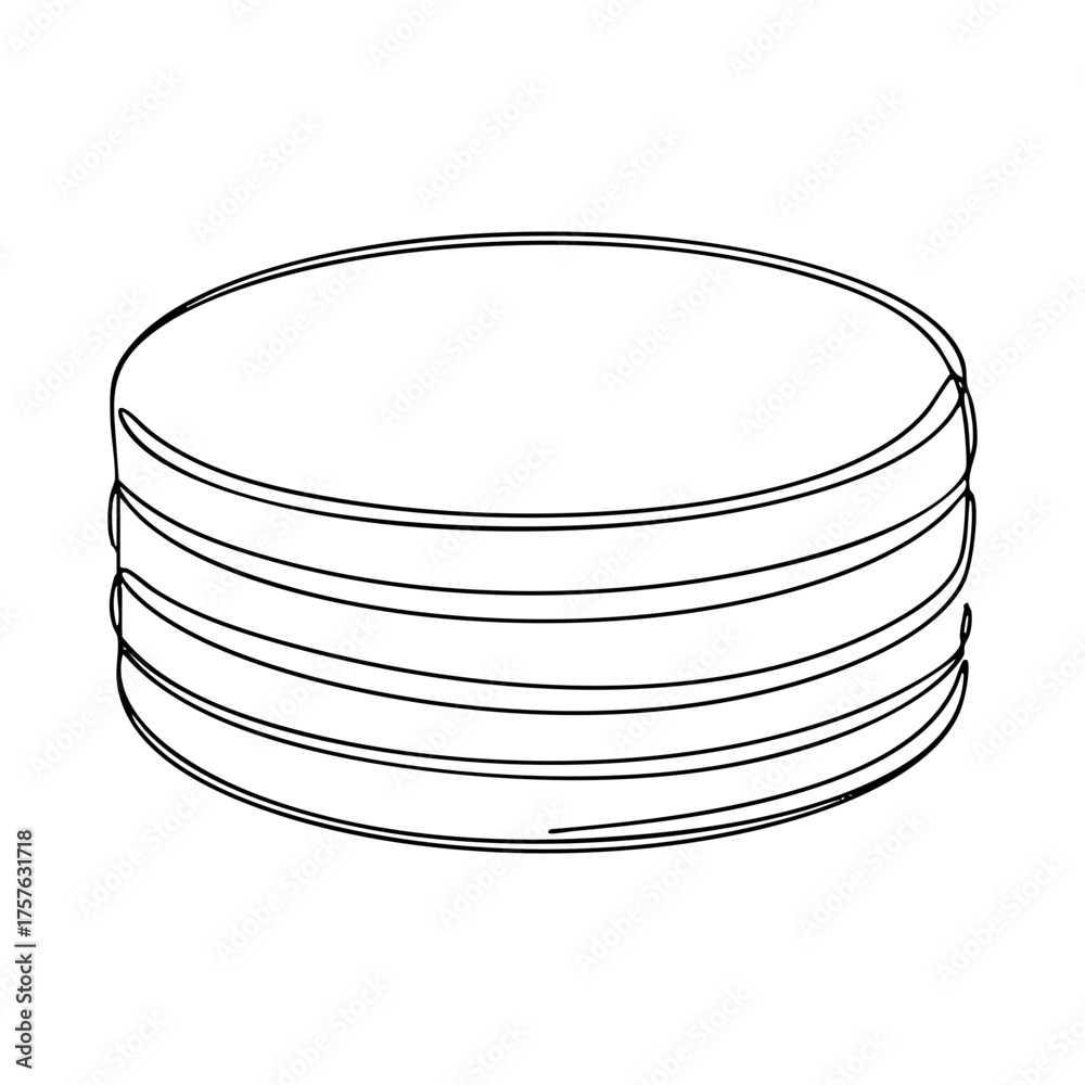 Obraz premium Macaron vector line art of a single delicate round French cookie with smooth shell layers, drawn in minimal one-line style, perfect for cafe branding or confectionery logos.