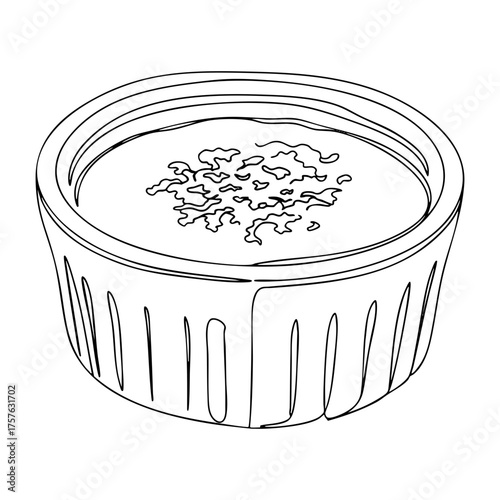 Vector line art of crème brûlée in a ramekin dish, elegant minimalist dessert illustration ideal for French restaurant menus, packaging, and culinary branding.