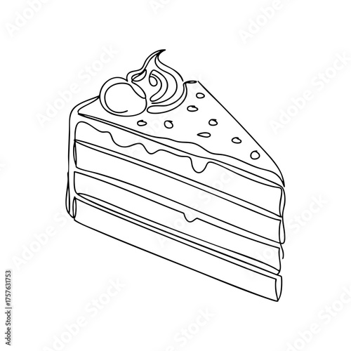 Layered cake slice vector line art with cream and cherry, elegant dessert outline drawing