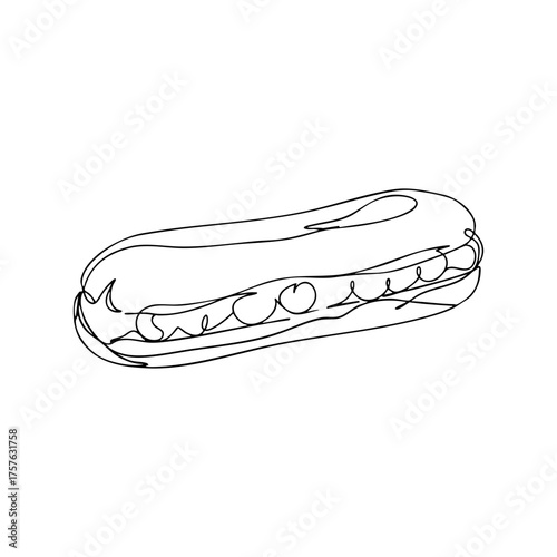 Eclair vector line art illustration, long pastry with cream filling, elegant dessert drawing