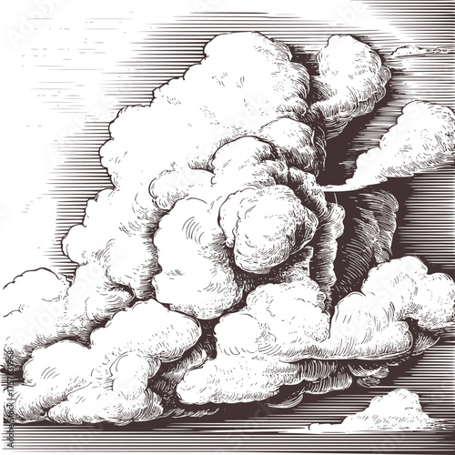 Cumulus clouds rendered in dramatic engraving style monochrome atmospheric