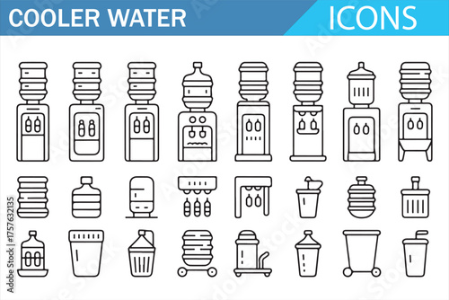 Collection of Water Coolers, Dispensers, and Bottles in Clean Line Art Style