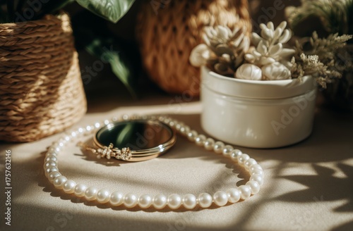 Elegant Pearl Jewelry Displayed on a Textured Surface With Natural Light Illu...