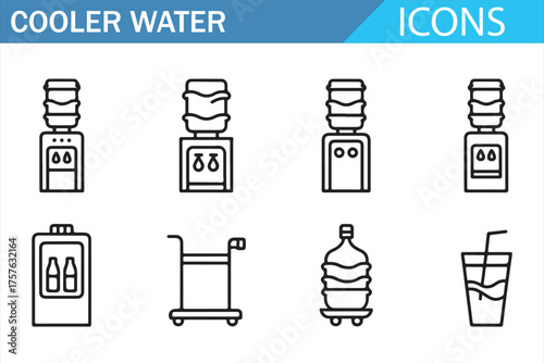 Set of Line Art Water Coolers, Dispensers, and Bottles in Vector Style