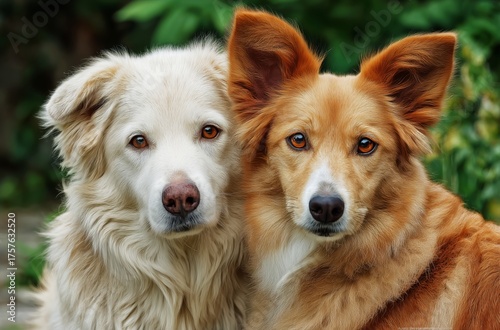 Two Friendly Dogs Pose Closely Together in a Garden During a Sunny Afternoon