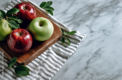 Fresh Apples Resting on a Wooden Board Beside a Striped Cloth on a Marble Sur...