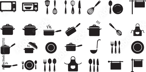 Kitchen utensils and tools icon set in black and white silhouette style