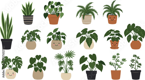 Cartoon houseplants, smiling pots, playful foliage, indoor greenery, decorative illustration, whimsical leaves, plant variety, cozy decor, botanical clipart