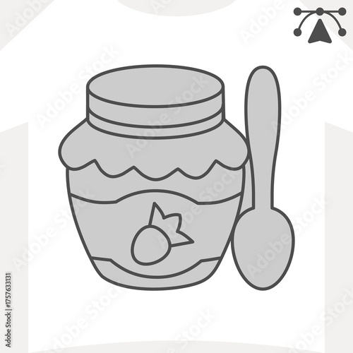 Jar of strawberry jam isometric icon, sweet food concept. Vector graphics. Jam jar with tablespoon sign and editable stroke, outline style icon for mobile or web design.