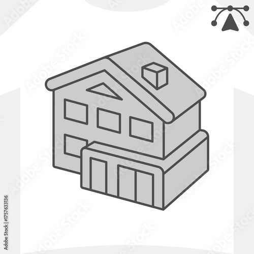 Two story house isometric icon, real estate concept. Vector graphics. House with separate entrance and garage sign and editable stroke, outline style icon for mobile or web design.