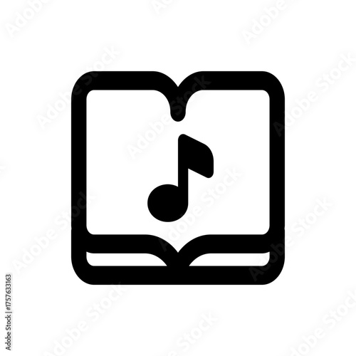 Open book icon with rounded corners displaying a musical note in the center in a simple black and white style
